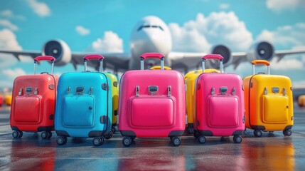 Colorful suitcases lined up at an airport
