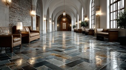 Obraz premium A grand hallway boasts stone floors, arched ceilings, seating areas with leather furniture, and large windows providing natural light.
