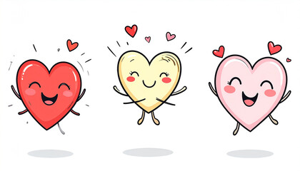 Three joyful cartoon hearts in red, yellow, and pink, each with simple limbs and happy expressions, jumping with small hearts floating around them