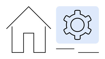 Outline of a house next to a gear icon, signifying system settings or smart home automation. Ideal for technology, innovation, housing, automation, real estate, tech solutions, simple landing page