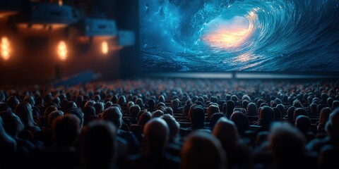 Audience captivated by a stunning visual display of a massive wave at a theater during an evening performance