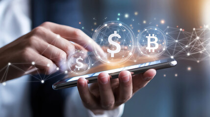 Person using a smartphone displaying dollar and bitcoin symbols with network connections overlayed