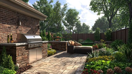 Naklejka premium Outdoor kitchen patio design, backyard landscaping, sunny day