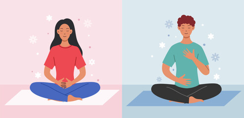 Deep breath and mindfulness. Man and woman sit in lotus position, meditate and take care of mental health. Calm and relaxed characters. Psychological stability. Flat vector illustration collection