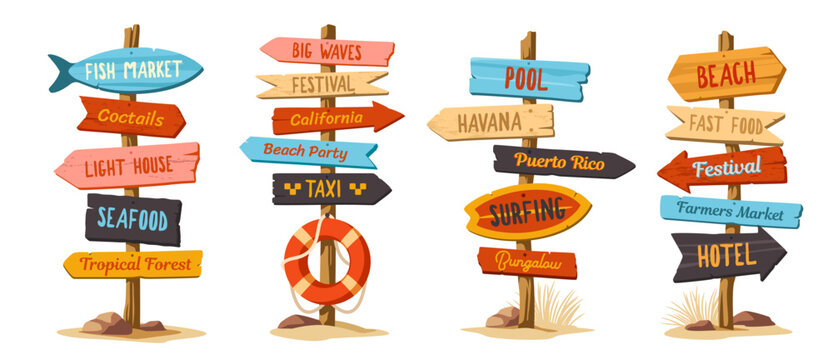 Beach signpost set. Pillars with wooden beach pointer with arrows and lettering. Direction indicators. Signs with inscription hotel, cafe and pool. Cartoon vector illustration isolated on background