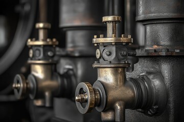 Fototapeta premium Close-up of intricate brass and steel industrial valves, showcasing vintage machinery details.