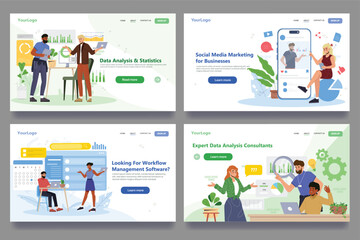 Landing Page Design Templates Set. Web Page Layouts for Data Scientists, Social Media Marketing and Workflow Management Specialists. Flat vector illustration collection isolated on background