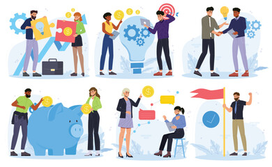 Fototapeta premium Teamwork Scene Set. Crowdfunding and partnership. Office workers and entrepreneurs generate ideas, communicate and invest money to achieve success. Flat vector illustration isolated on background