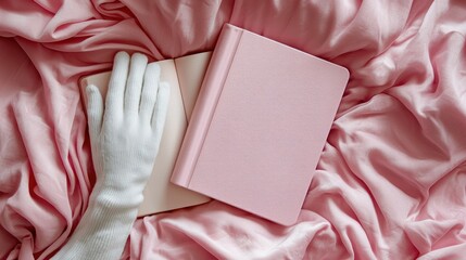 Fototapeta premium Pink silk, gloved hand, open book, notebook
