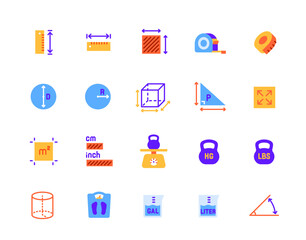 Set of measurement icons. Colorful signs with tape measure, weight and scales for measuring length, weight and volume. Design for app. Flat vector illustration collection isolated on background