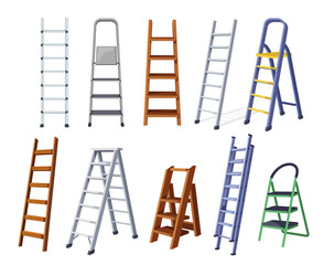 Set of different ladders. Stickers with high stepladders, aluminum staircase, wooden and metal stairs. Household or garden equipment. Cartoon vector illustration collection isolated on background