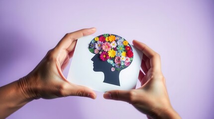 Floral Mind: A human head silhouette filled with colorful flowers, symbolizing creativity and mental wellness.