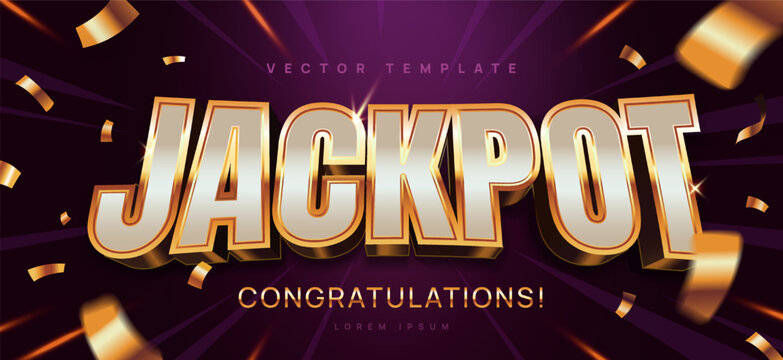 Jackpot banner. Luxury background with gold text, confetti and rays of light. Congratulatory poster for lottery or casino winner. Design element for gambling. Realistic 3D vector illustration