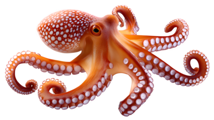 Octopus with tentacles spread, high detail on skin texture, isolated on transparent background