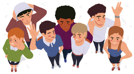 Happy people looking up. Top down view of group of smiling men and women, friends, colleagues or family. Characters heads, faces from above, overhead. Flat vector illustration isolated on background © Rudzhan