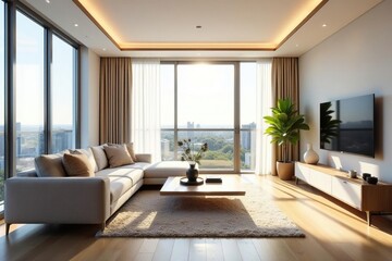 Modern minimalist condo living room, bright sunlight, sunlight, decor