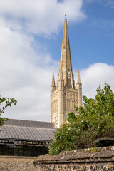 Looking across roofs and flint walls to the spire of Norwich Cathedral