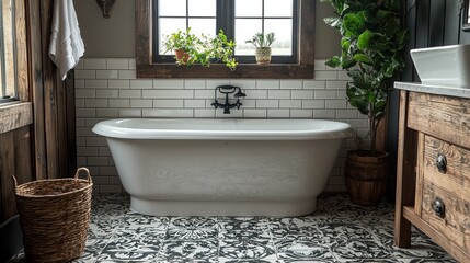 Rustic farmhouse bathroom; clawfoot tub, plants, window view