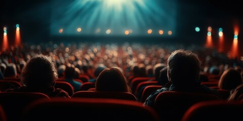 Crowd of spectators enjoying a live performance in a theater with dramatic lighting effects