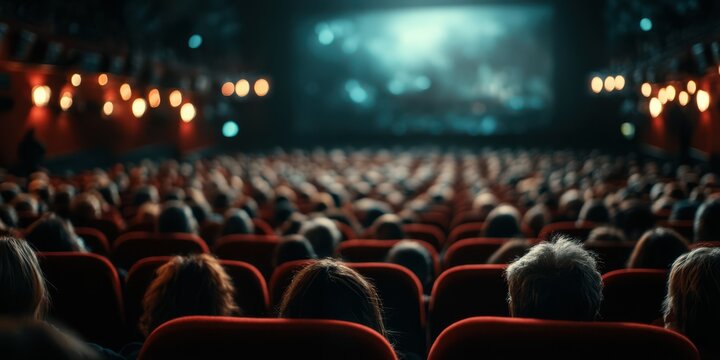 Audience engaged in a darkened theater during a captivating movie screening experience in the evening