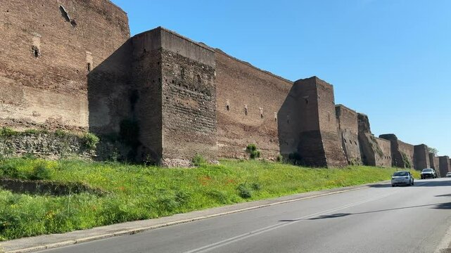 Ancient Aurelian Walls of Rome, Italy. Massive defensive Roman walls built in the 3rd century AD, still standing around parts of the historic city.