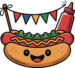 Smiling Hot Dog with Flag Bunting and Ketchup Bottle Silhouette Design

