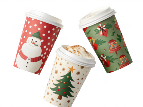 Festive holiday coffee cups isolated on transparent background