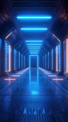 Fototapeta premium Futuristic hallway illuminated by blue and orange lights in a sci-fi environment