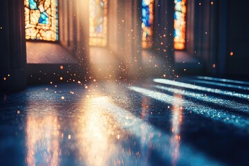 Sunlit dust motes dance on a church floor, illuminating stained glass windows.