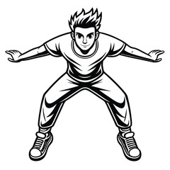 Fototapeta premium Young Man in Low Squat Position Black and White Illustration