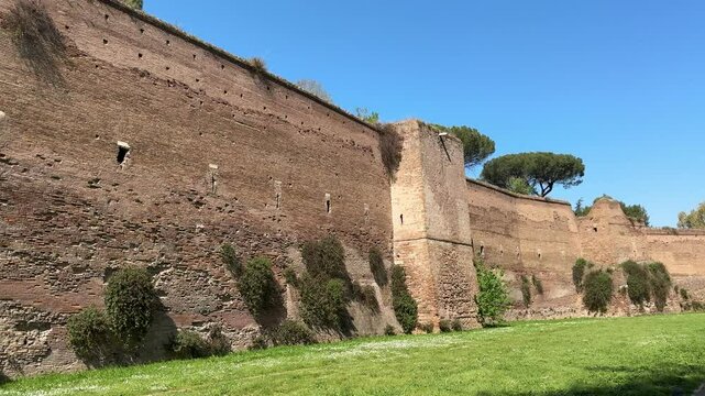 Ancient Aurelian Walls of Rome, Italy. Massive defensive Roman walls built in the 3rd century AD, still standing around parts of the historic city.