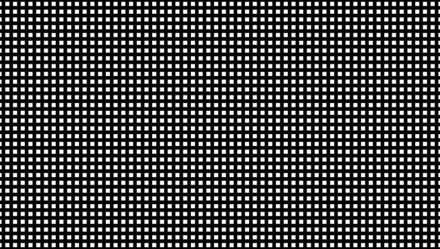 Looping animation of moving white squares on black background, splitting into smaller squares during zoom out and merging back together with zoom in effect. transformation, motion and digital rhythm.

