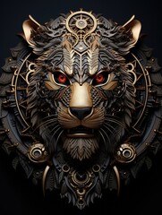 Detailed mechanical lion head with red eyes and gold accents on a dark background close up view