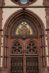 Obraz premium Detail of the Heart of Jesus church (herz jesus kirche) in the city of Freiburg, vertical