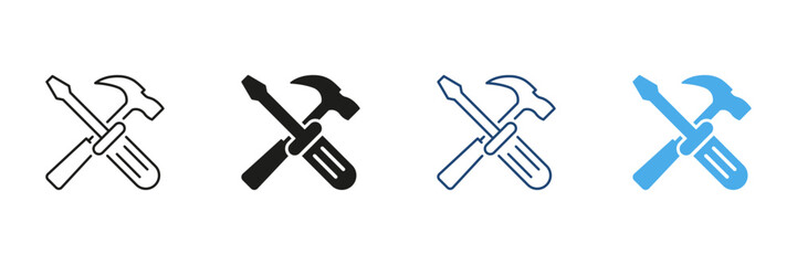 Crossed Hammer And Screwdriver Icon Set. Construction, Repair, And Maintenance Tools Outline And Silhouette Symbol Collection. Diy And Handyman Equipment. Isolated Vector Illustration