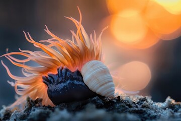 A vibrant sea anemone with delicate tentacles embracing a smooth seashell at sunset.
