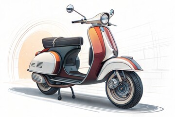 Obraz premium Stylized illustration of a vintage italian scooter with red white and orange colors on a white background.