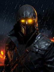 A hooded figure in a dark coat with glowing eyes and a mask stands in the rain at night time