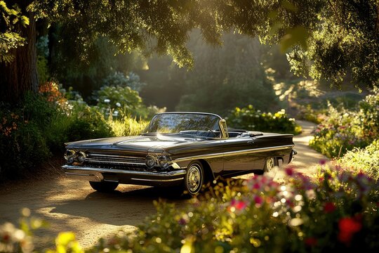Fototapeta A classic dark-colored convertible parked in a sun-drenched garden setting.