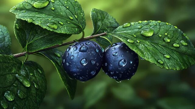 Close-up of two Damson plums with water droplets glistening on their surfaces