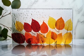 Autumn leaves encased in glass, showcasing vibrant fall colors and water droplets.