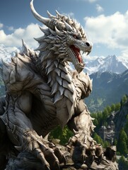 Fototapeta premium A large white dragon with red eyes roaring in front of a mountain range and a distant castle
