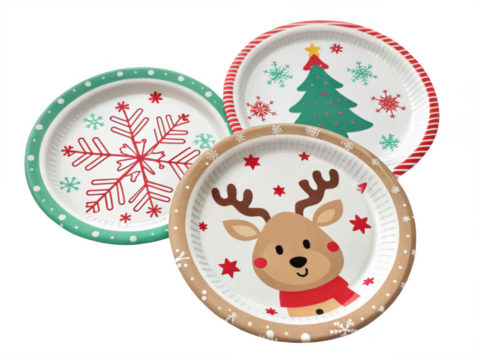 Festive christmas plates isolated on transparent background