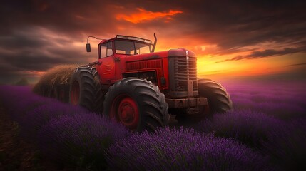 Fototapeta premium Red Tractor in Lavender Sunset Field.