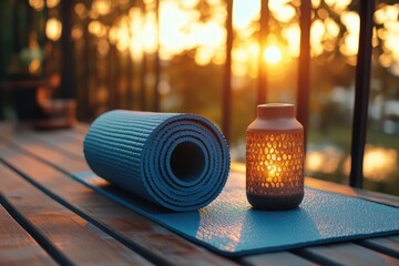 Yoga mat rolled up on wooden deck at sunset with a lit lantern nearby. Serene outdoor scene.