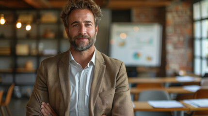 Fototapeta premium Male business coach in suit delivering a flipchart presentation, engaging an audience with clear communication and professional confidence in a formal setting...