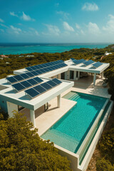 Luxury villa in Thailand with solar panels on the roof, luxury ocean view villa near the ocean, solar panel roof villa in Thailand with private pool