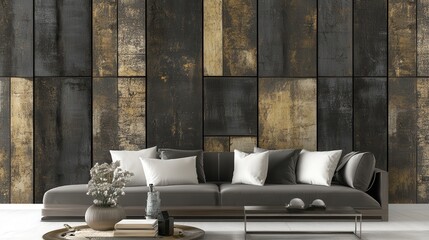 Modern living room design with a dark wood-look wall.