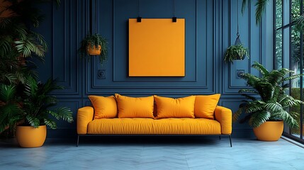 Modern Living Room: A modern living room setup with a vibrant mustard sofa, complemented by lush greenery, set against a sophisticated navy blue wall and a framed art piece.
