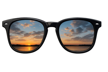 Black sunglasses reflecting serene lake sunset, vibrant orange-yellow colors mirroring transparent lens surface